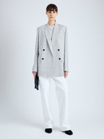 Front image of model wearing Hadley Jacket in Melange Viscose Linen Suiting in GREY MULTI