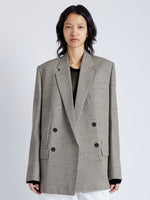 Cropped front image of model wearing Hadley Jacket in Melange Viscose Linen Suiting in BRONZE MULTI