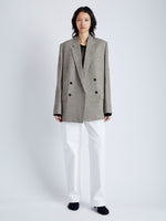 Front image of model wearing Hadley Jacket in Melange Viscose Linen Suiting in BRONZE MULTI