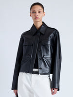 Front cropped image of model wearing Dylan Jacket in Glossy Leather in black