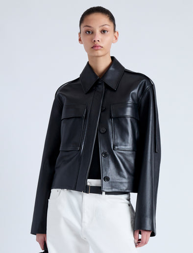 Front cropped image of model wearing Dylan Jacket in Glossy Leather in black