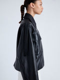 Detail image of model wearing Dylan Jacket in Glossy Leather in black