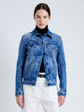 Cropped front image of model wearing Newman Jacket in medium blue