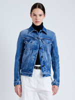 Cropped front image of model wearing Newman Jacket in medium blue