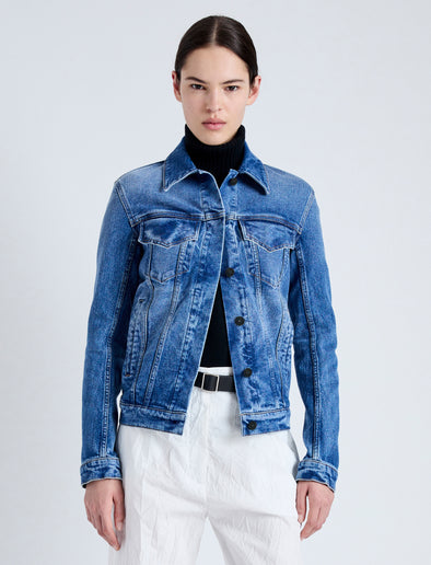 Cropped front image of model wearing Newman Jacket in medium blue