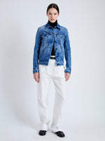 Front image of model wearing Newman Jacket in medium blue