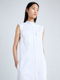 Detail image of model wearing Erica Dress in Organic Cotton Twill Suiting in OFF WHITE