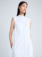 Detail image of model wearing Erica Dress in Organic Cotton Twill Suiting in OFF WHITE