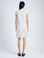 Back full length image of model wearing Erica Dress in Organic Cotton Twill Suiting in WHEAT