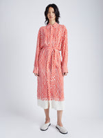 Front full length image of model wearing Bailey Dress in Printed Viscose Crepe in VERMILLION MULTI