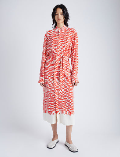 Front full length image of model wearing Bailey Dress in Printed Viscose Crepe in VERMILLION MULTI