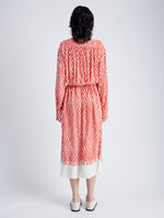 Back full length image of model wearing Bailey Dress in Printed Viscose Crepe in VERMILLION MULTI