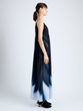 Side full length image of model wearing Torres Dress in Printed Viscose Gaberdine in MIDNIGHT MULTI