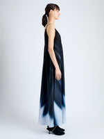 Side full length image of model wearing Torres Dress in Printed Viscose Gaberdine in MIDNIGHT MULTI