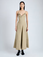 Front full length image of model wearing Ruby Dress in Eco Stretch Linen Viscose in BRONZE