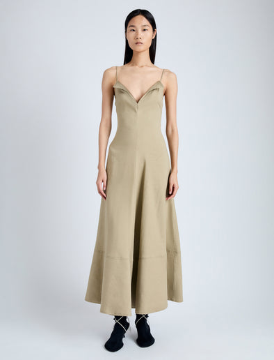 Front full length image of model wearing Ruby Dress in Eco Stretch Linen Viscose in BRONZE