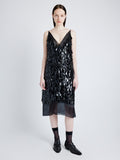 Front image of model wearing Irene Dress in Resin Embroidered Organza in BLACK