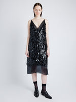 Front image of model wearing Irene Dress in Resin Embroidered Organza in BLACK