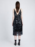 Back image of model wearing Irene Dress in Resin Embroidered Organza in BLACK