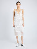 Front image of model wearing Irene Dress in Resin Embroidered Organza in white