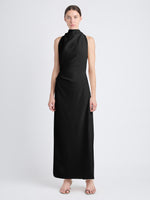 Front image of model wearing Selena Twist Back Dress in Matte Viscose Crepe in black