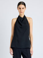 Cropped front image of model wearing Theda Top in Printed Viscose Crepe in black