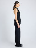 Side image of model wearing Theda Top in Printed Viscose Crepe in black