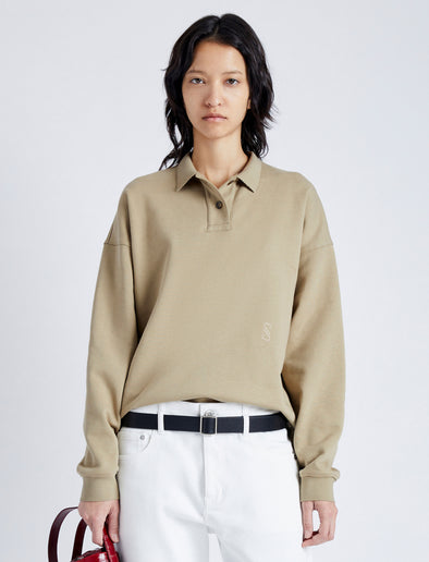 Cropped front image of model wearing Brooks Polo in Cotton Terry Jersey in bronze