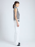 Side full length image of model wearing Valerie Top in Printed Viscose Crepe in OFF WHITE MULTI