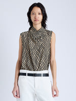 Front cropped image of model wearing Valerie Top in Printed Viscose Crepe in BRONZE MULTI