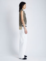 Side full length image of model wearing Valerie Top in Printed Viscose Crepe in BRONZE MULTI