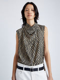 Detail image of model wearing Valerie Top in Printed Viscose Crepe in BRONZE MULTI