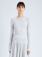 Front cropped image of model wearing Roger Top in Gauzy Jersey in PALE GREY