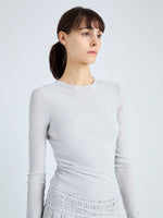 Detail image of model wearing Roger Top in Gauzy Jersey in PALE GREY