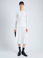 Front full length image of model wearing Roger Top in Gauzy Jersey in WHITE