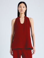 Front cropped image of model wearing Miller Top in Light Matte Viscose Crepe in red