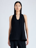 Front cropped image of model wearing Miller Top in Light Matte Viscose Crepe in BLACK