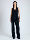 Front full length image of model wearing Miller Top in Light Matte Viscose Crepe in BLACK