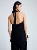 Detail image of model wearing Miller Top in Light Matte Viscose Crepe in BLACK