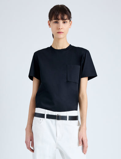 Front cropped image of model wearing Kira T-Shirt in Eco Cotton Jersey in BLACK