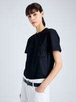 Detail image of model wearing Kira T-Shirt in Eco Cotton Jersey in BLACK