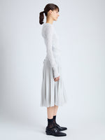 Side full length image of model wearing Margo Skirt in Gauzy Jersey in PALE GREY