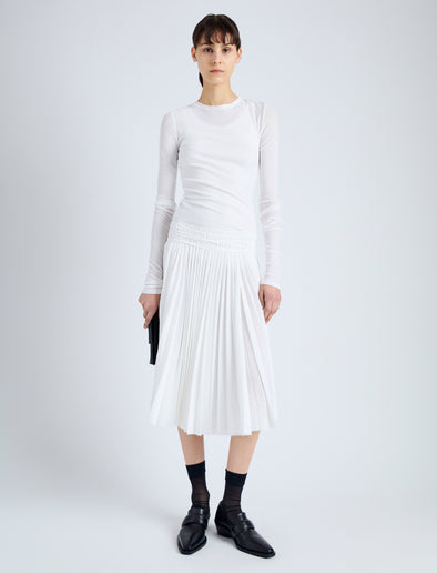 Front full length image of model wearing Margo Skirt in Gauzy Jersey in WHITE