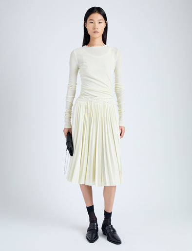 Front image of model wearing Margo Skirt in Gauzy Jersey in BONE