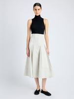 Front image of model wearing Moore Skirt in Organic Cotton Twill in wheat