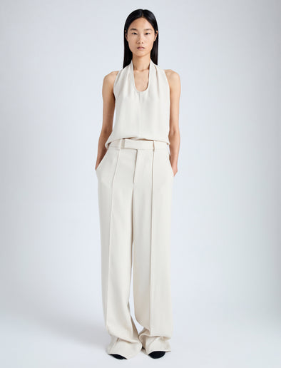 Front full length image of model wearing Weyes Pant In Light Matte Viscose Crepe in WHEAT