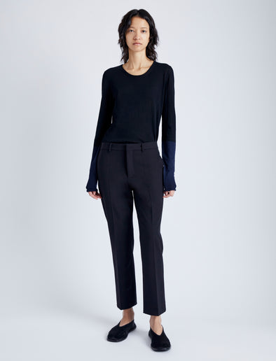 Front image of model wearing Myers Pant in Tropical Wool in Black