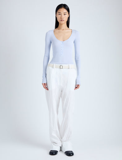 Front image of model wearing Pant in Crinkle Cotton Poplin in white