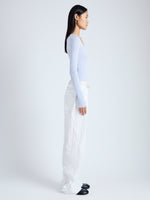 Side image of model wearing Pant in Crinkle Cotton Poplin in white