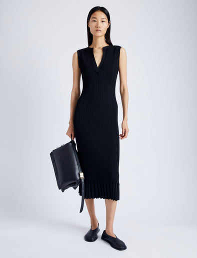 Front full length image of model wearing Tatum Knit Dress in Silk Viscose in BLACK